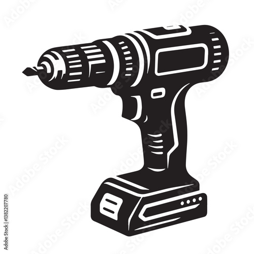 Black Color Cordless Drill Silhouette Vector Illustration, Solid White Background