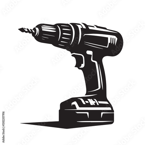 Black Color Cordless Drill Silhouette Vector Illustration, Solid White Background