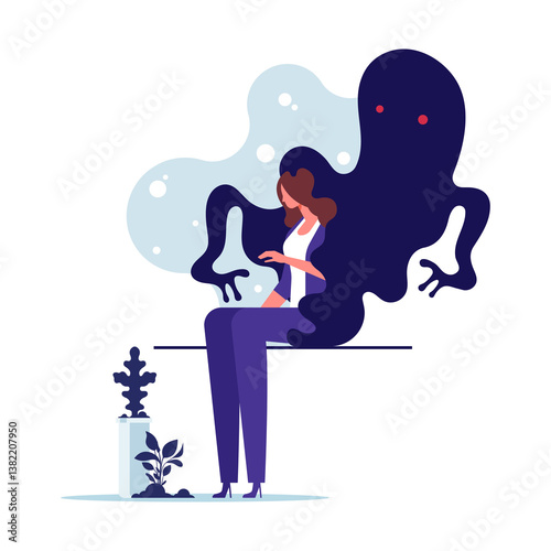 Post traumatic stress disorder. Female character suffering from mental disorder, dealing with despair, fear and pain. Anxiety and depression disease