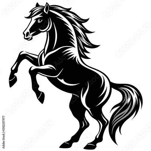 Create a dramatic silhouette of a horse rearing majestically on its hind legs, against a deep twilight sky.  Detailed musculature and powerful posture are crucial.