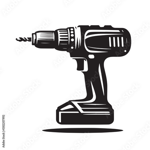 Black Color Cordless Drill Silhouette Vector Illustration, Solid White Background