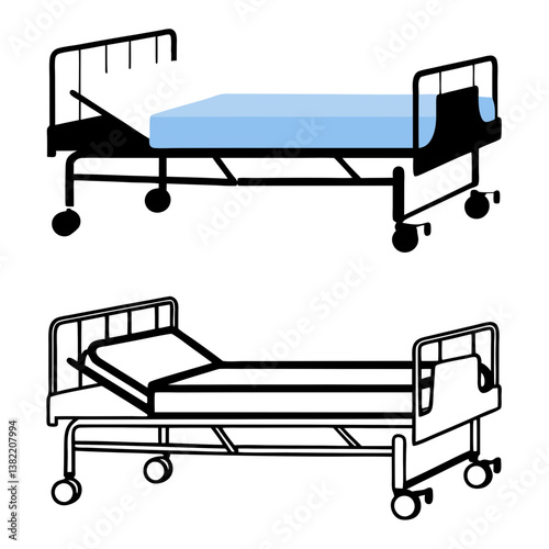 Close-up photograph of a clean, modern hospital bed featuring an adjustable headrest and side rails.  Show crisp linens.