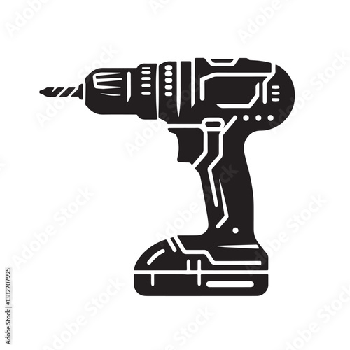 Black Color Cordless Drill Silhouette Vector Illustration, Solid White Background