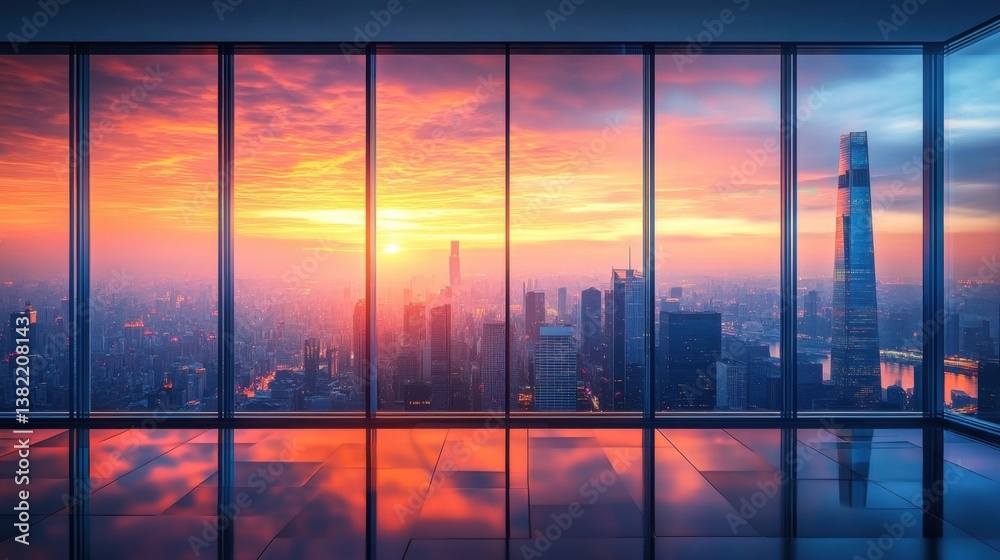 Fototapeta premium A stunning sunset illuminates a city skyline, viewed through large glass windows, reflecting vibrant colors on the polished floor.