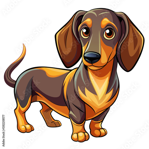 A photorealistic image of a loyal, short-bodied dachshund with exceptionally long ears, alert and attentively gazing directly at the camera.