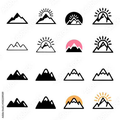Design a minimalist icon depicting a sharp mountain peak silhouetted against a vibrant sunrise.  The focus should be on the peak's sharp lines and the warm sunrise colors.