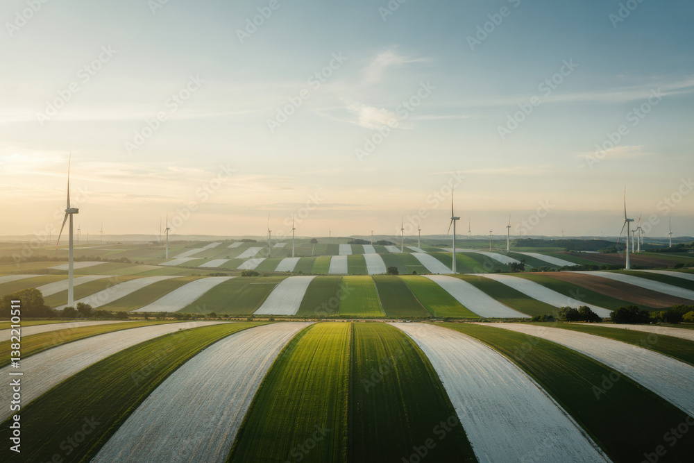 Fototapeta premium White and green stripe patterned landscape with wind turbines on it