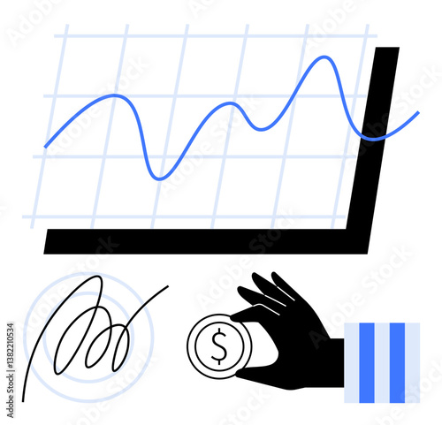 Line graph with upward trend, signature, hand holding dollar coin. Ideal for finance, business success, investment, wealth management, financial planning contracts growth. Flat simple metaphor