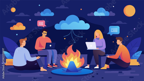A group of digital nomads gather around a bonfire on the beach brainstorming and sharing ideas while surrounded by glowing data clouds.. Vector illustration