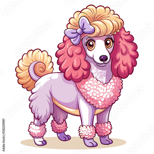 A majestic standard poodle, boasting a thick, curly white coat, stands proudly, showcasing its elegant posture and breed characteristics.  (1) suggests a companion or object.