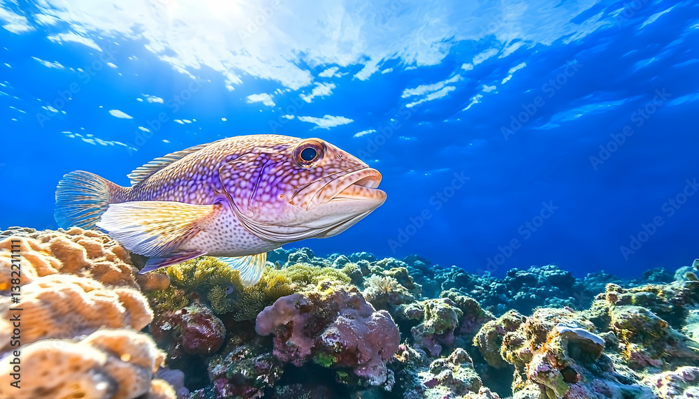 Obraz premium Vibrant fish swimming above a colorful coral reef in sunlit ocean