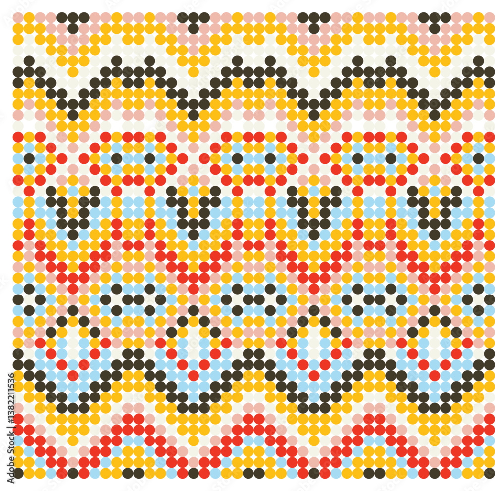 Colorful abstract print pattern with geometric shapes and symmetrical design, mosaic of multicolored dots forming a wavy pattern against a dot background. Colorful abstract print pattern with geometric shapes and symmetrical design, mosaic of multicolored dots forming a wavy pattern against a dot background.