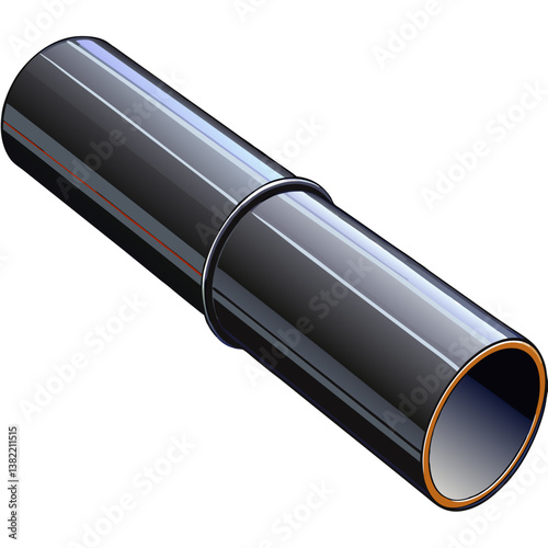 Generate a photorealistic image of a black steel pipe section, showcasing detailed threading and a slightly reflective surface.  The pipe should appear robust and heavy-duty.