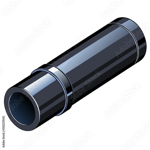 Generate a photorealistic image of a black steel pipe section, showcasing clearly defined threads and a slightly reflective surface.  The lighting should highlight the metallic texture.