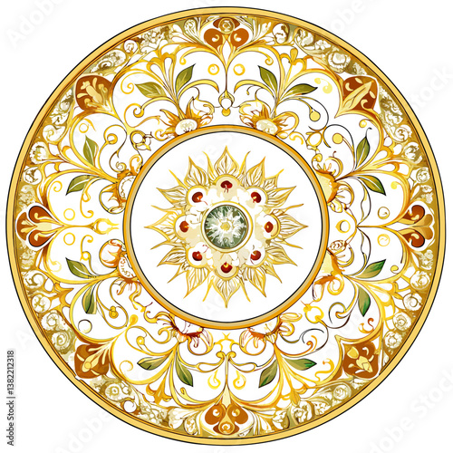 A meticulously detailed image of a round porcelain plate, featuring elegant gold trim and intricate detailing.  Showcase its fine craftsmanship and luxurious appearance.