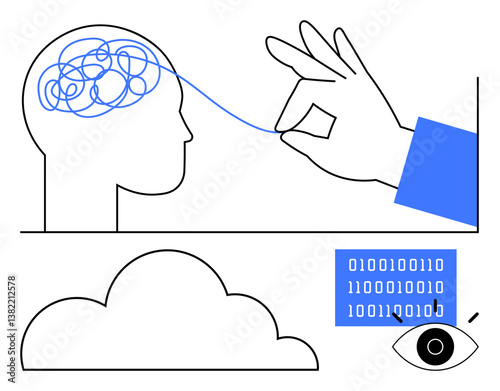 Hand unravels tangled thoughts from a head, binary code, and cloud with eye at bottom. Ideal for technology, mental clarity, data analysis, AI, innovation creativity education themes. Flat simple