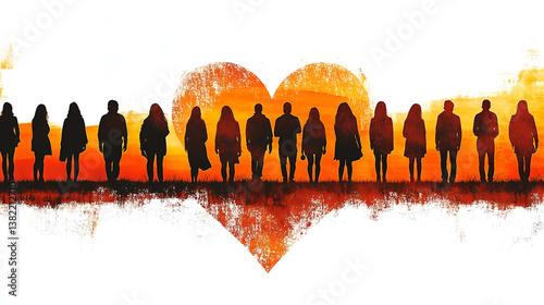 a heart formed silhouette people stand together with the warm golden sun. The image portrays a sense of unity, love, and togetherness.