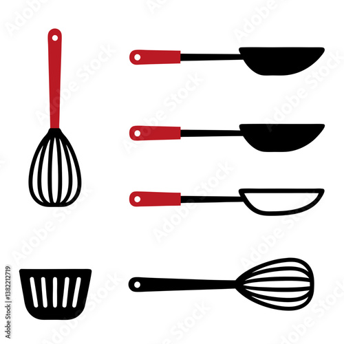 Close-up shot of a neatly arranged set of kitchen utensils, prominently featuring a spatula, whisk, and other cooking tools on a clean countertop.