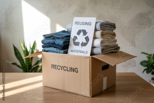 Cardboard box with used wardrobe for reuse and card. Reusing, recycling materials photo