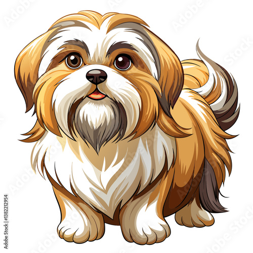A majestic Shih Tzu with luxuriously long, silky white fur stands gracefully, showcasing its elegant posture and flowing coat.