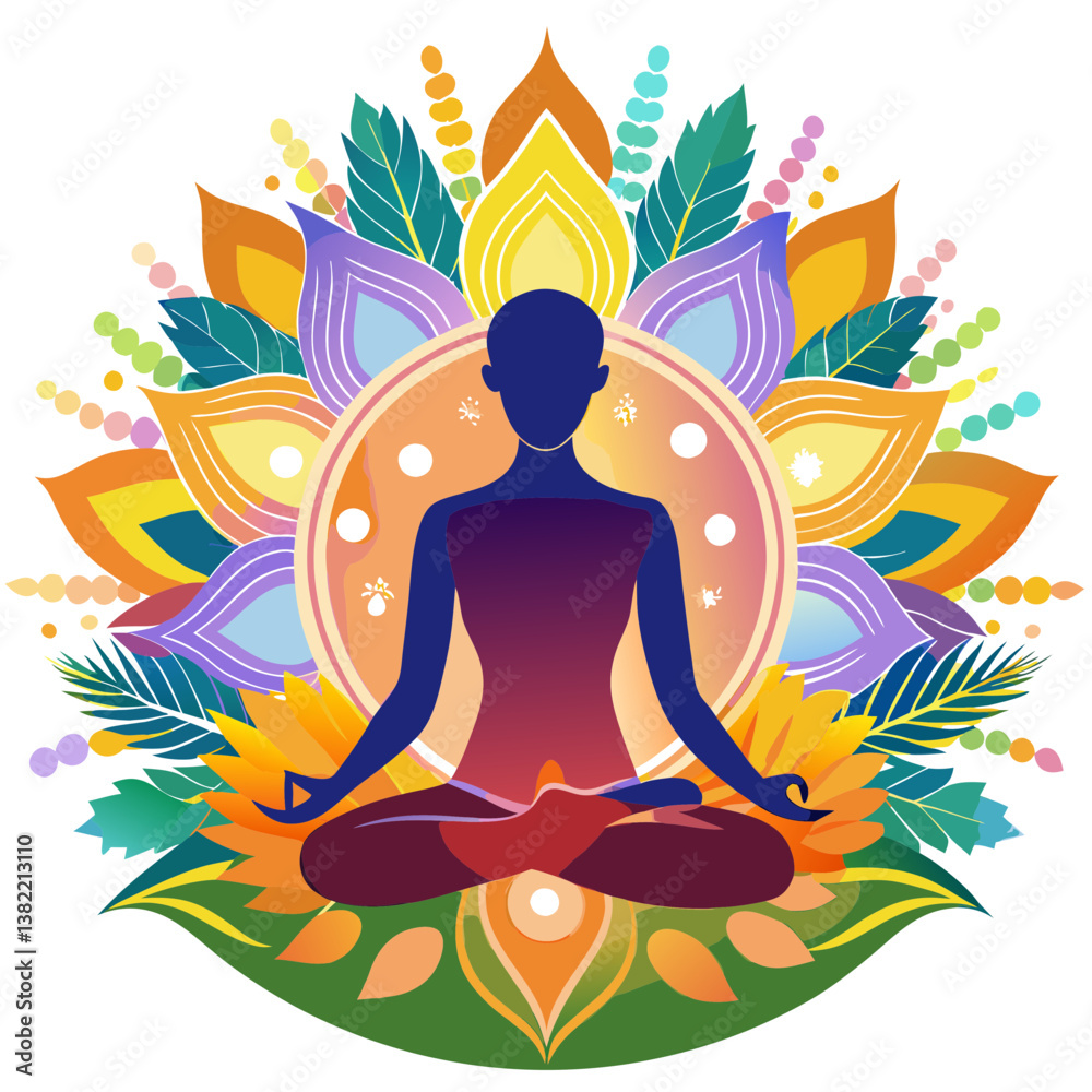 Create a striking silhouette of a person meditating in a lotus position against a vibrant sunset backdrop. The pose should convey serenity and inner peace. Create a striking silhouette of a person meditating in a lotus position against a vibrant sunset backdrop. The pose should convey serenity and inner peace.