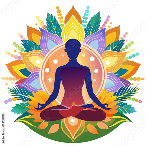 Create a striking silhouette of a person meditating in a lotus position against a vibrant sunset backdrop.  The pose should convey serenity and inner peace.