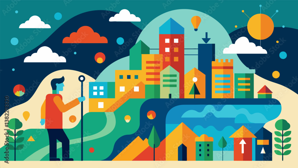 A muralist uses data from weather patterns and population movements to create a colorful and dynamic depiction of a citys evolution.. Vector illustration A muralist uses data from weather patterns and population movements to create a colorful and dynamic depiction of a citys evolution.. Vector illustration