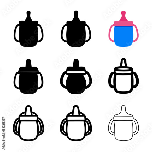 A vibrant, colorful sippy cup with ergonomic handles, designed for easy toddler use, spill-proof and durable.  Show a close-up.