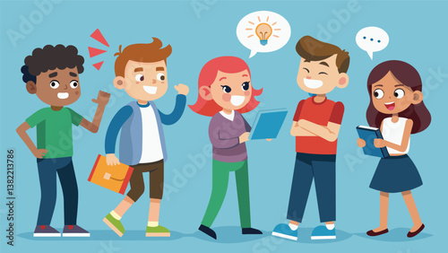 A group of students use clever wordplay and witty jokes to teach their classmates about the different types of bullying and how to prevent it.. Vector illustration