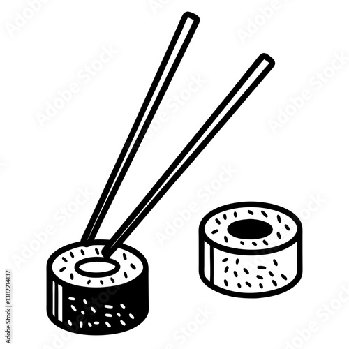 Create a minimalist icon depicting a sushi roll being delicately lifted by chopsticks.  Emphasis on clean lines and vibrant colors.