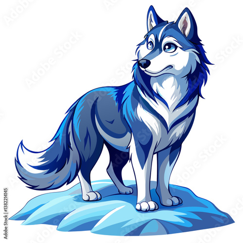 A powerful Siberian Husky with piercing blue eyes, muscular build, and thick, fluffy fur, posed against a snowy backdrop.