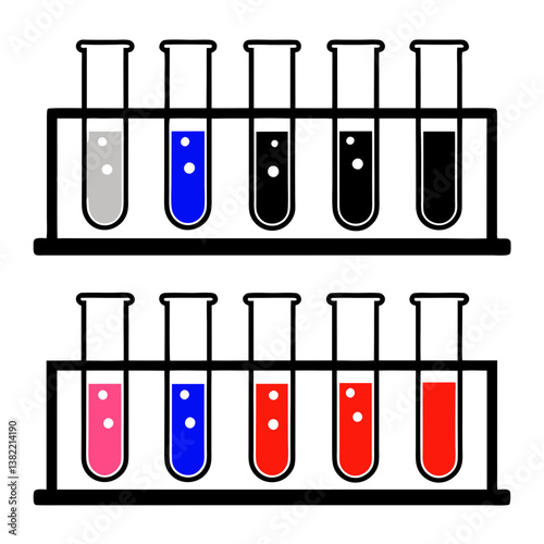 A close-up shot of a metal test tube rack holding numerous clear glass test tubes filled with colorful liquids for a science experiment.