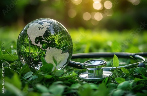 Glass globe with stethoscope in green nature	