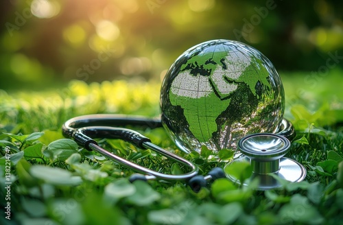 Glass globe with stethoscope in green nature	