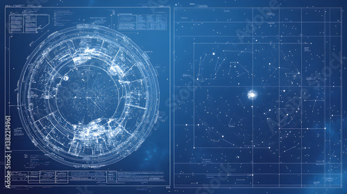 Detailed blueprint-style technical drawings: circular schematic diagram and complex star chart/map on blue background