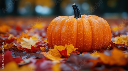 Autumn pumpkin surrounded by colorful leaves