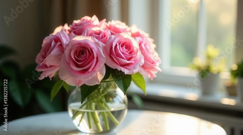 Wallpaper Mural A delicate bouquet of light pink roses sits in a clear glass vase, bathed in the soft glow of sunlight streaming through a nearby window. Torontodigital.ca