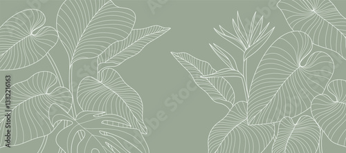 Tropical leaves background vector. Natural jungle monstera palm leaves design in minimal pale green color with contour line art. Design for fabric, print, cover, banner, decoration, wallpaper.