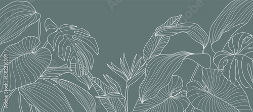 Tropical leaves background vector. Natural jungle monstera palm leaves design in minimal pale green color with contour line art. Design for fabric, print, cover, banner, decoration, wallpaper.