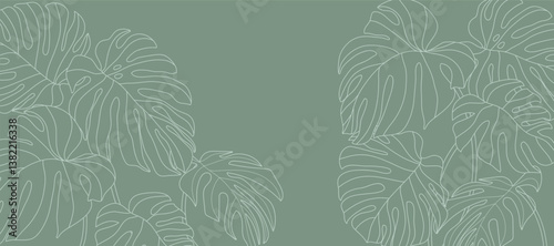 Tropical leaves background vector. Natural jungle monstera palm leaves design in minimal pale green color with contour line art. Design for fabric, print, cover, banner, decoration, wallpaper.