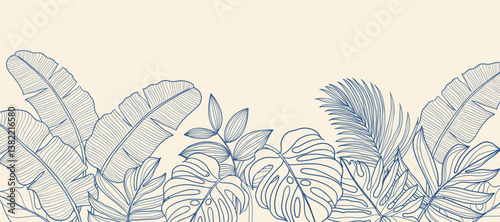 Tropical leaves background vector. Natural jungle monstera palm leaves design in minimal beige color with contour blue line art. Design for fabric, print, cover, banner, decoration, wallpaper.