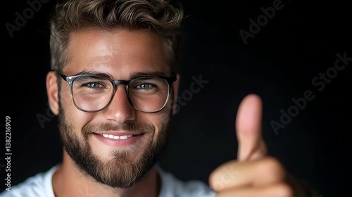 Happy man thumbs up with studio portrait, and black background.