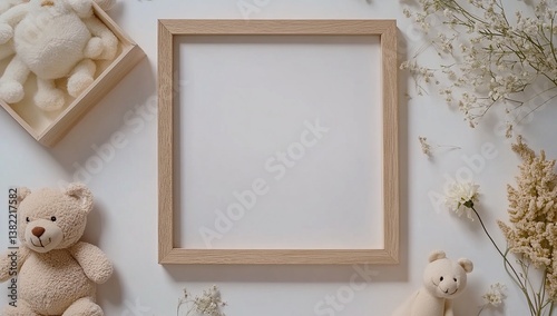Wooden Frame with Teddy Bears and Dried Flowers:  A Neutral Aesthetic for Home Decor