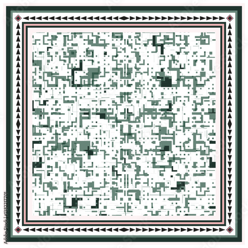 A dot and line shape with a decorative geometric border on a white background.