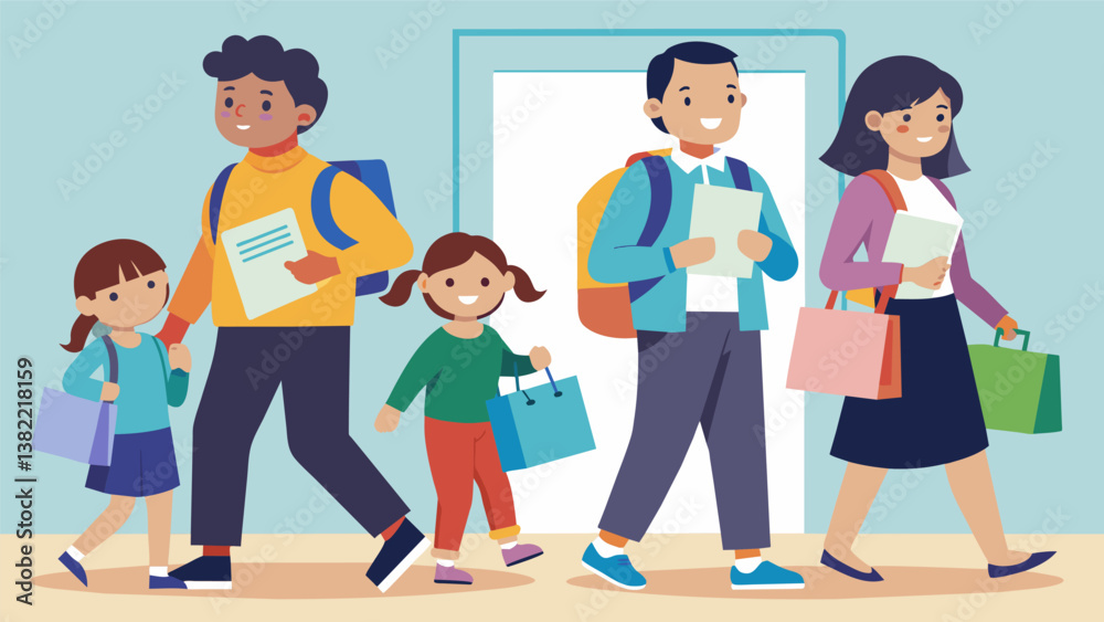Fototapeta premium A group of parents and children leaving the signup event carrying bags filled with informational brochures and registration materials for afterschool programs.. Vector illustration