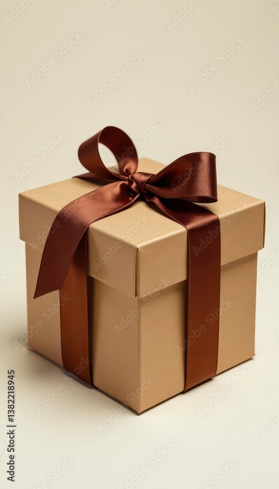Obraz premium Square brown gift box, neatly tied with a broad brown satin ribbon , close up, photography