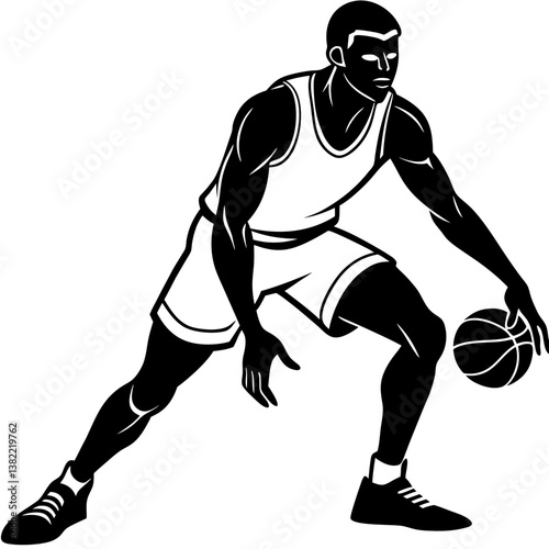 black and white basketball player dribbling ball clip art preview