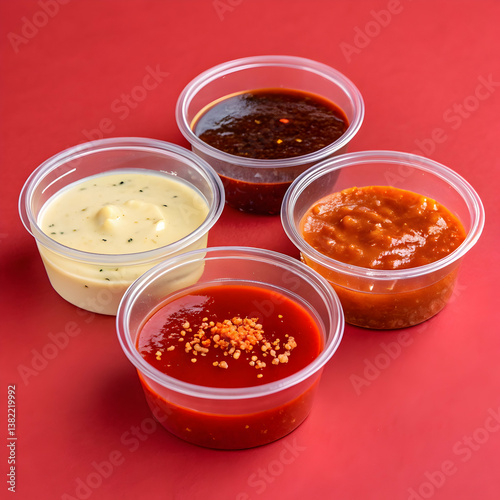 Assorted Korean dipping sauces in small transparent containers, featuring aioli and gochujang, arranged on a vibrant red background
