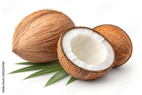 Whole and Halved Coconuts with Green Leaves on White Background