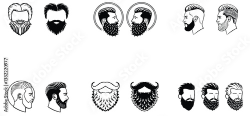 Beard and haircut hand drawn art silhouette black vector art set design